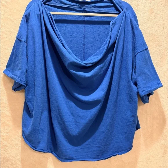 We The Free Cobalt Blue Oversized Cowl Neck Raw Edge Cotton Boho Top - Picture 4 of 6